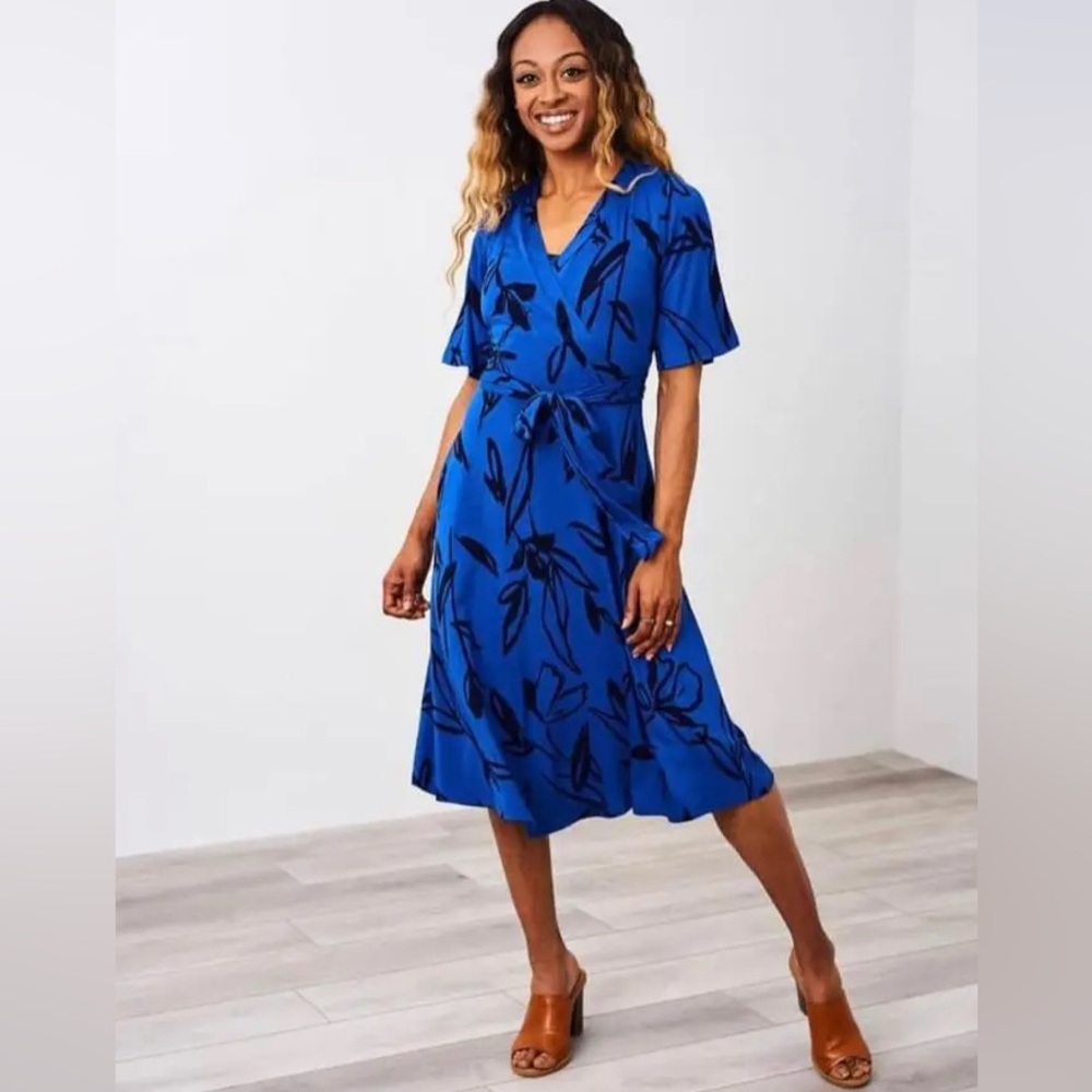 Blue floral midi wrap nursing dress from Latched Mama
